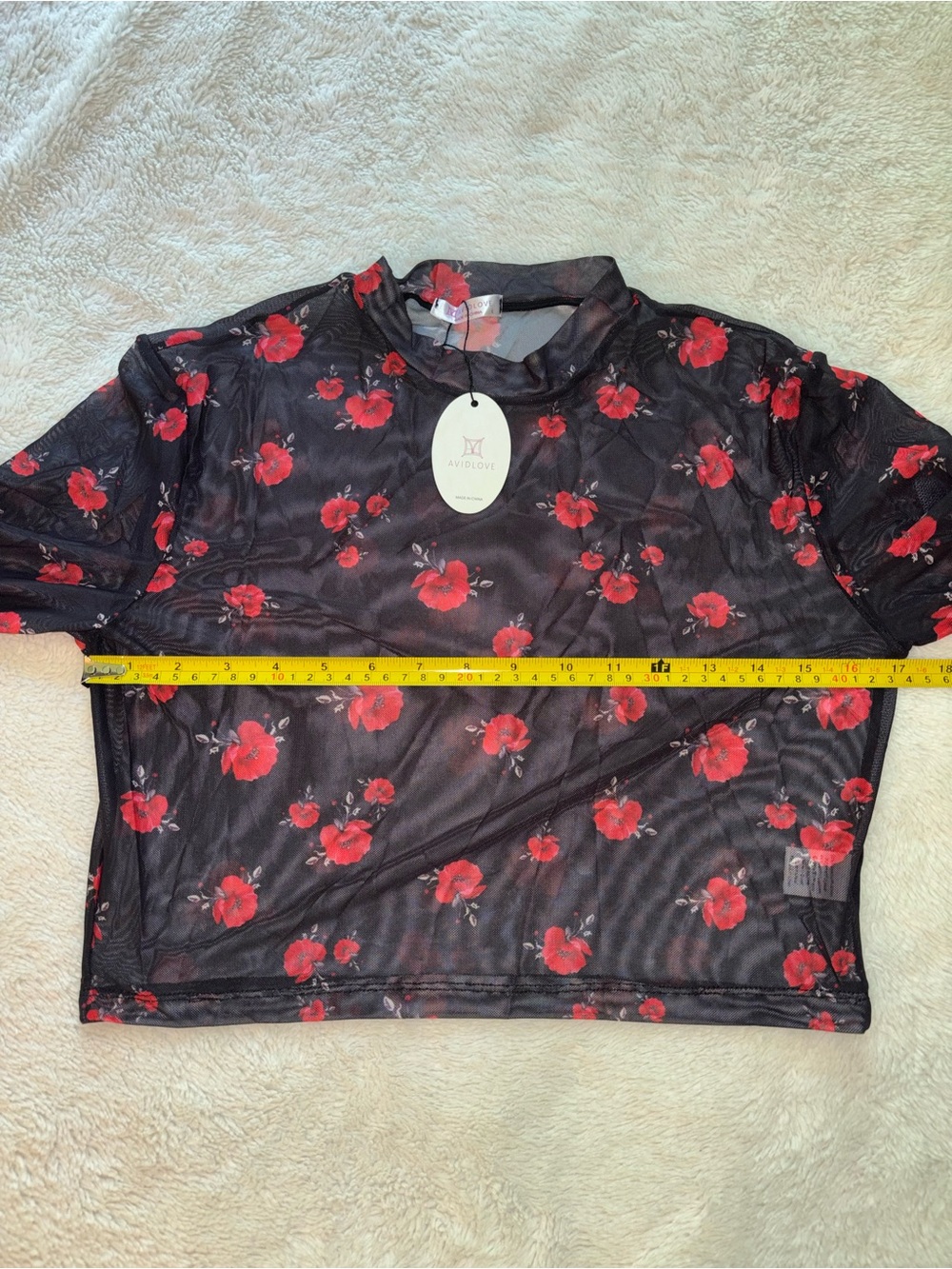 Avid Love Black Mesh Long Sleeve Crop Top with Red Floral Print - Picture 5 of 5
